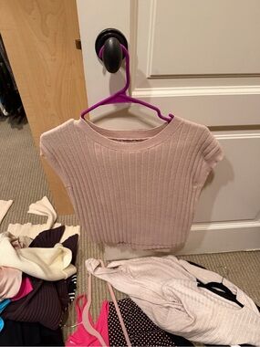 Girls' Ribbed Cap-Sleeve Top in Light Pink
